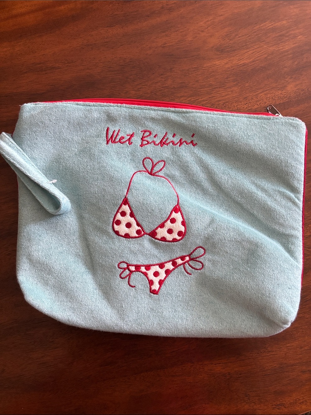 Gallery Light Blue and Red Bikini Embroidery Travel Pouch for wet swimsuit